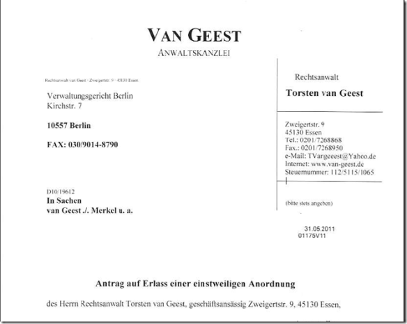 van Geest: Action for provisional Injunction against Angela Merkel